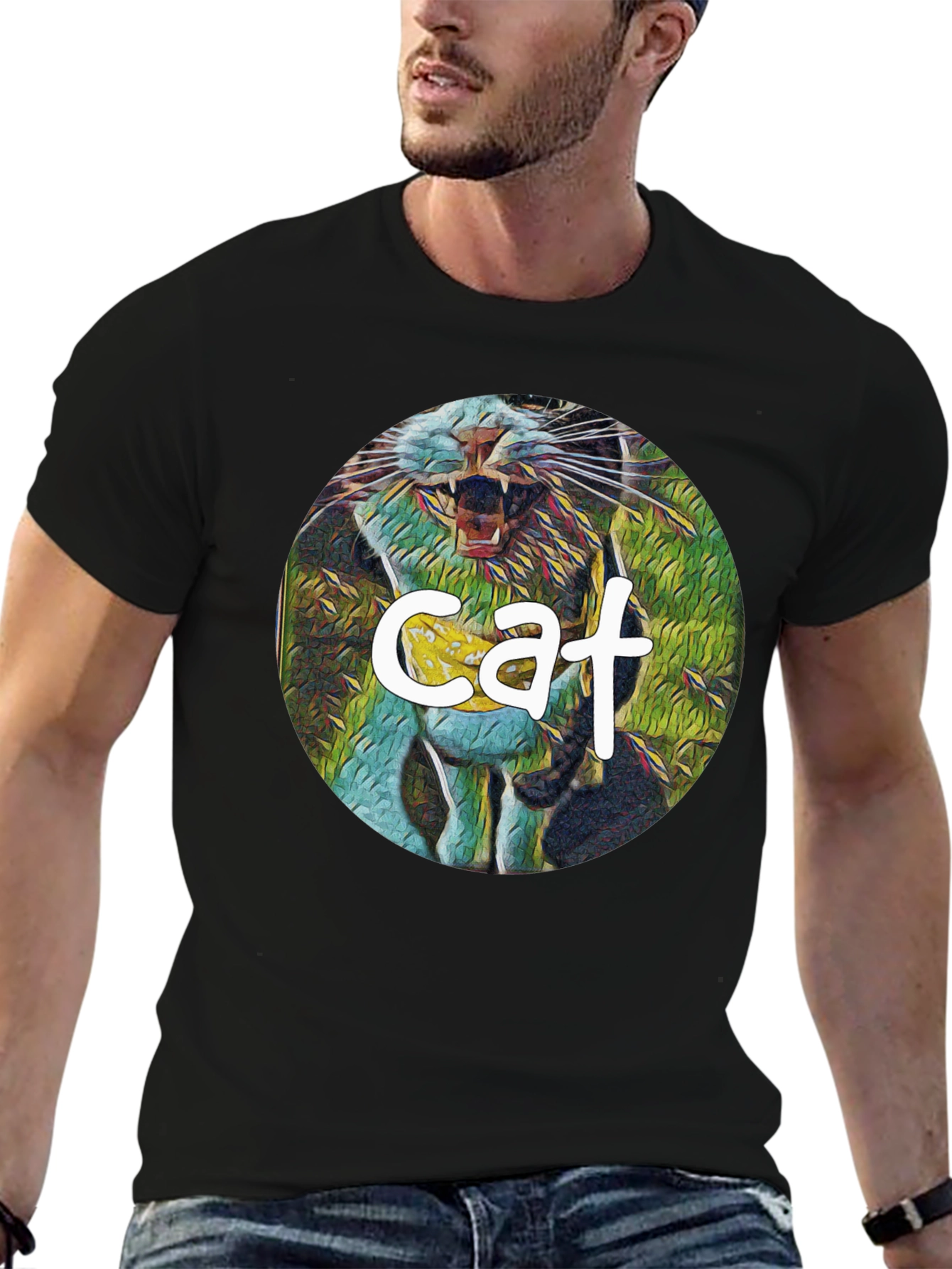Cat Graphic Print Black T-Shirt