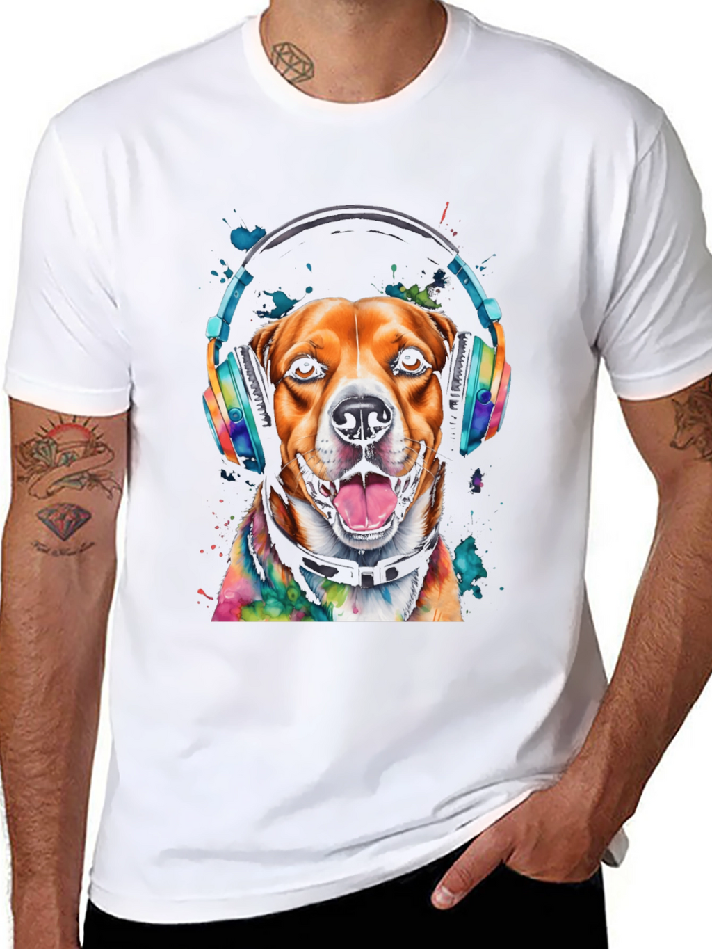Dog with Headphones Graphic Tee - Black T-Shirt