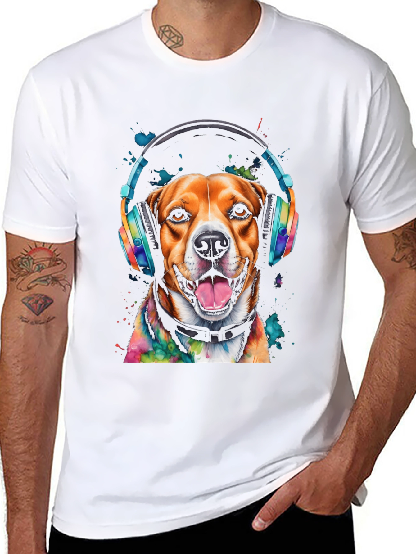 Dog with Headphones Graphic Tee - Black T-Shirt