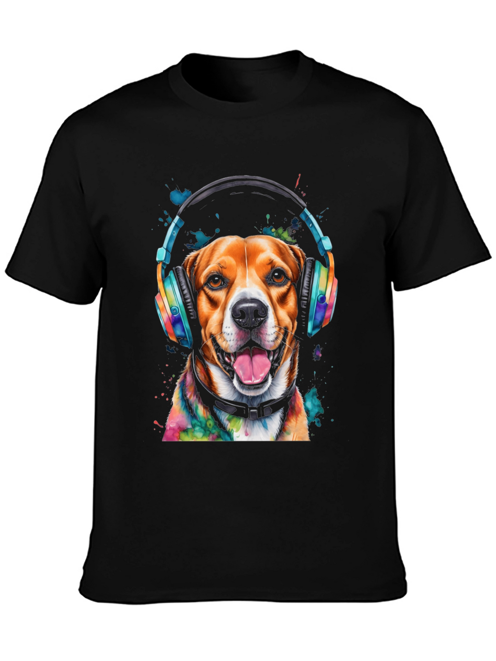 Dog with Headphones Graphic Tee - Black T-Shirt