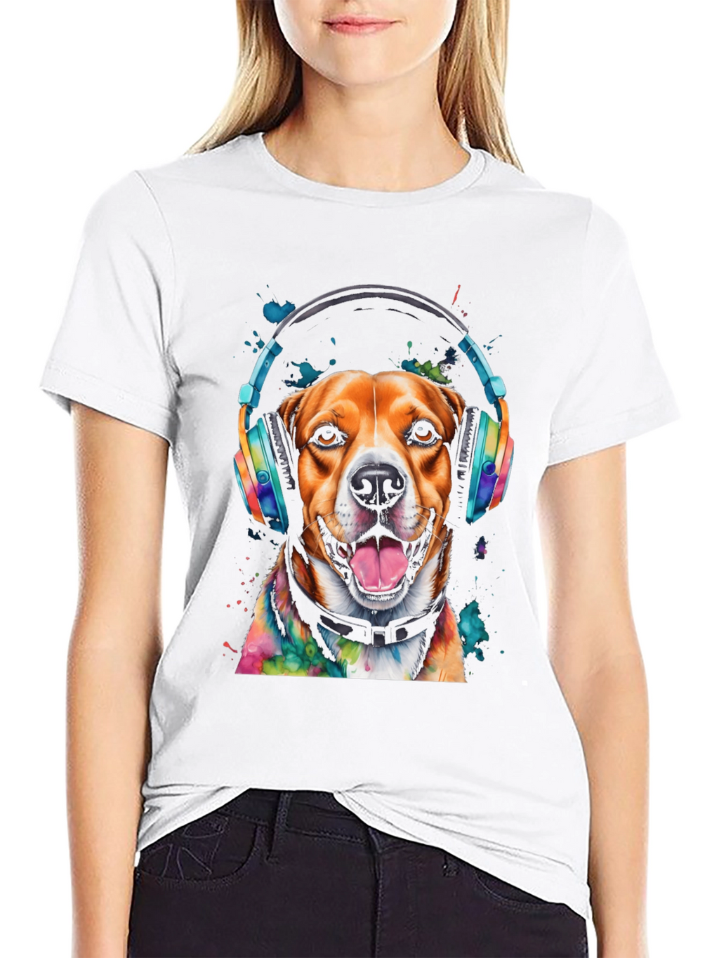 Dog with Headphones Graphic Tee - Black T-Shirt