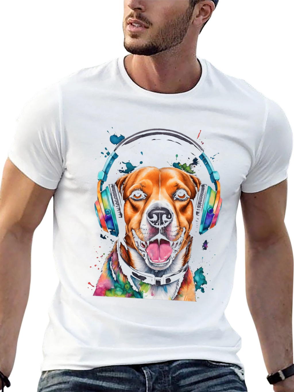 Dog with Headphones Graphic Tee - Black T-Shirt
