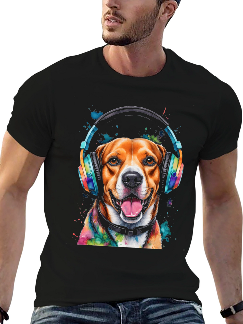 Dog with Headphones Graphic Tee - Black T-Shirt