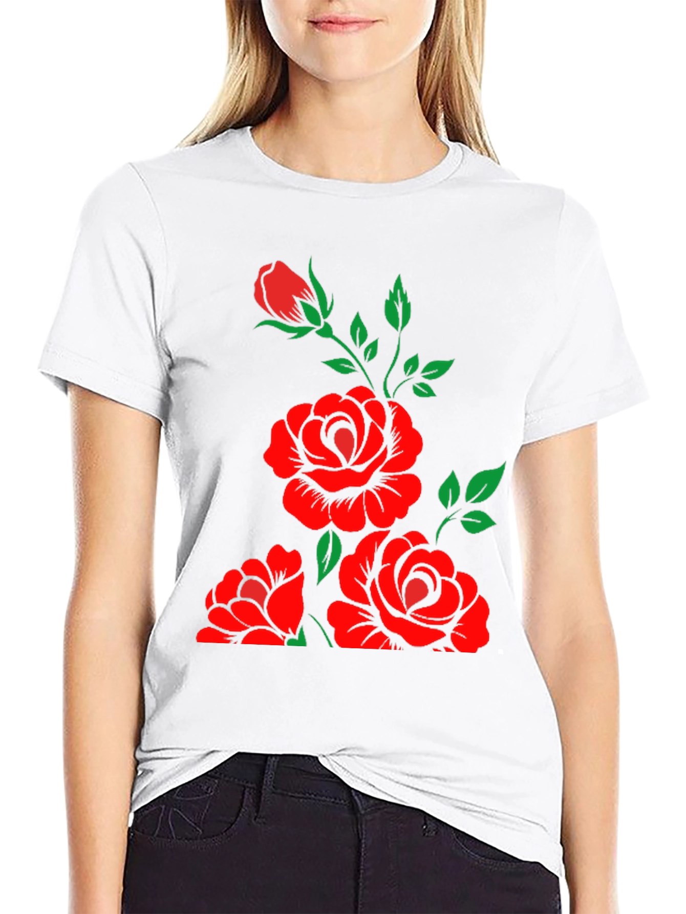Black T-Shirt with Floral Rose Design