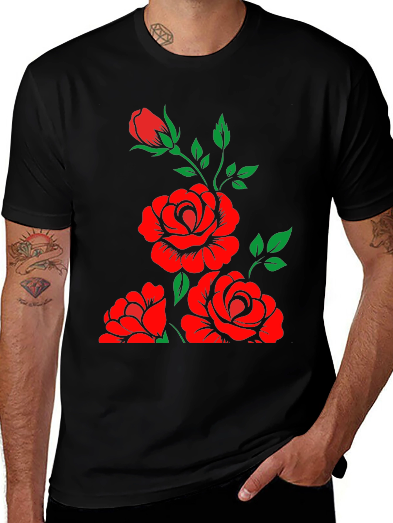 Black T-Shirt with Floral Rose Design