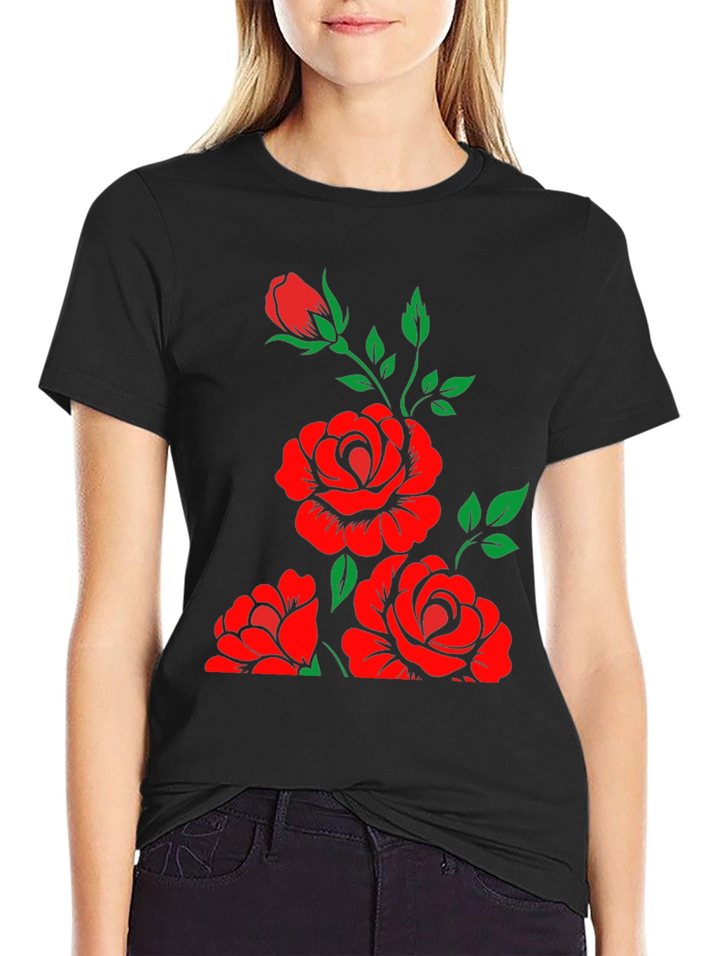 Black T-Shirt with Floral Rose Design