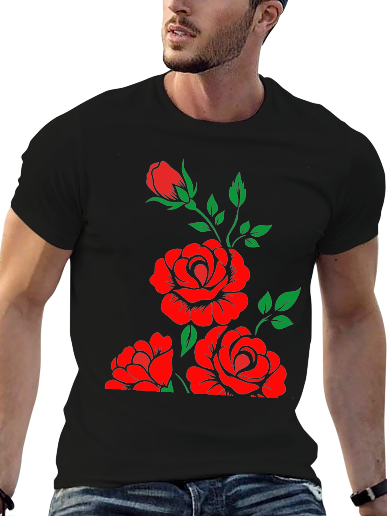 Black T-Shirt with Floral Rose Design