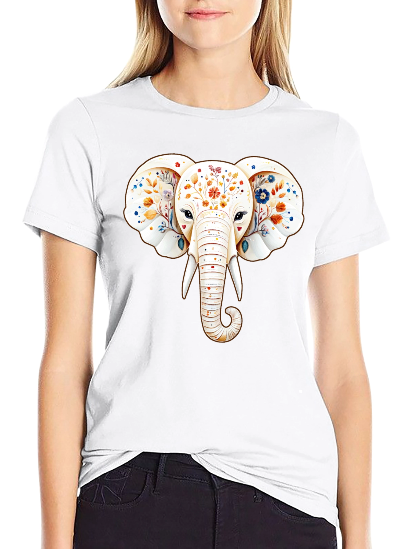 Floral Elephant Graphic Black T-Shirt