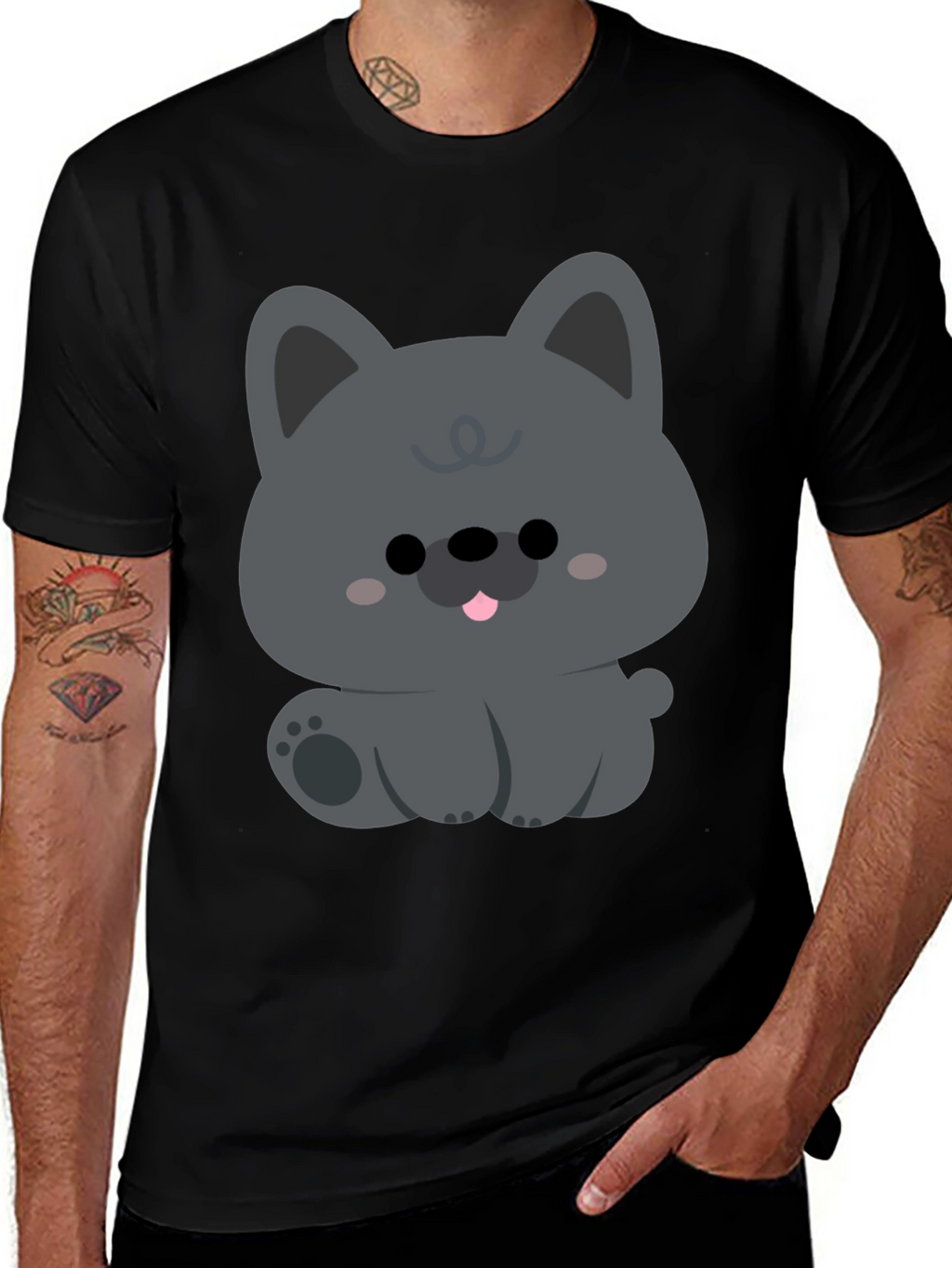 Cute Cartoon Dog Graphic Black T-Shirt