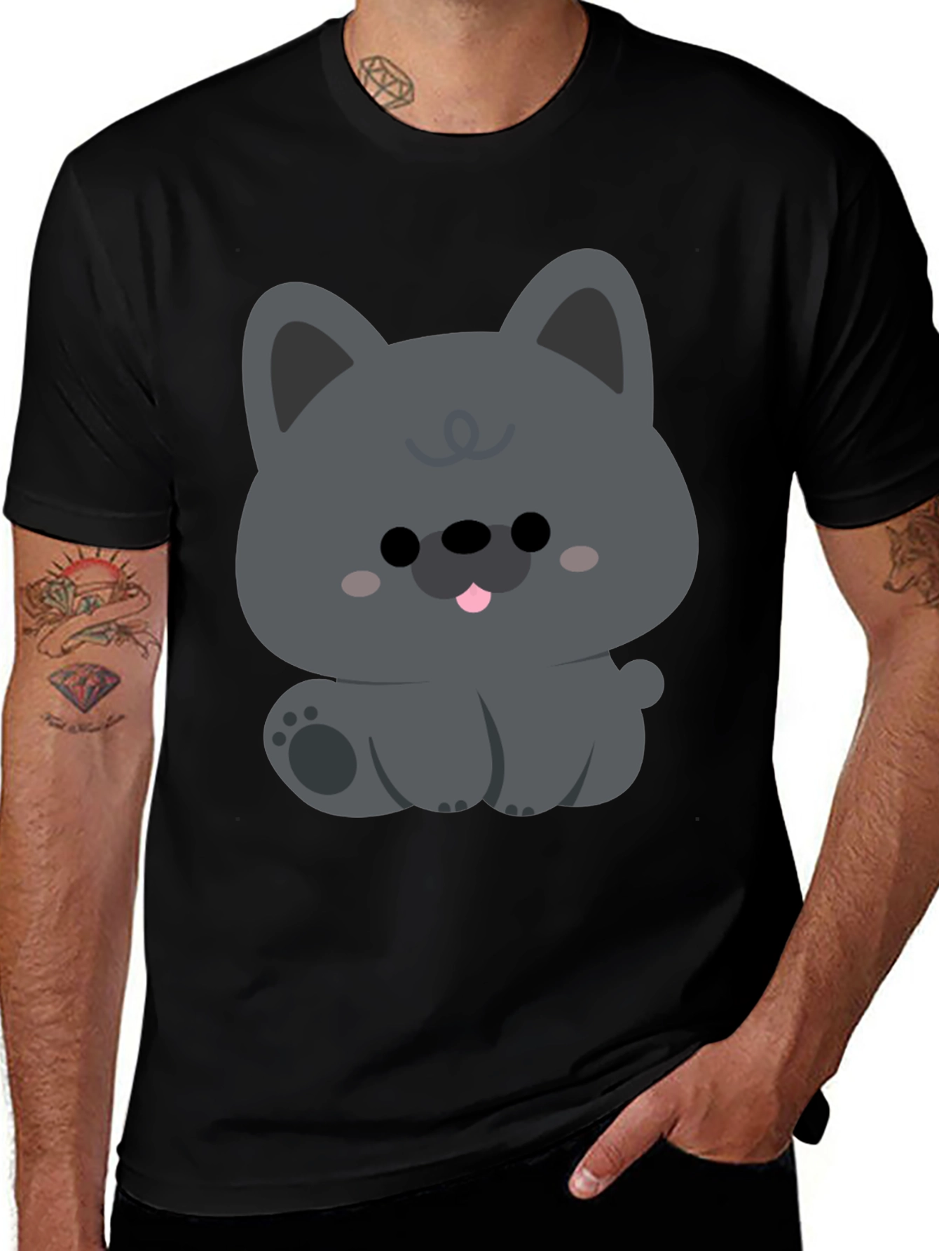 Cute Cartoon Dog Graphic Black T-Shirt