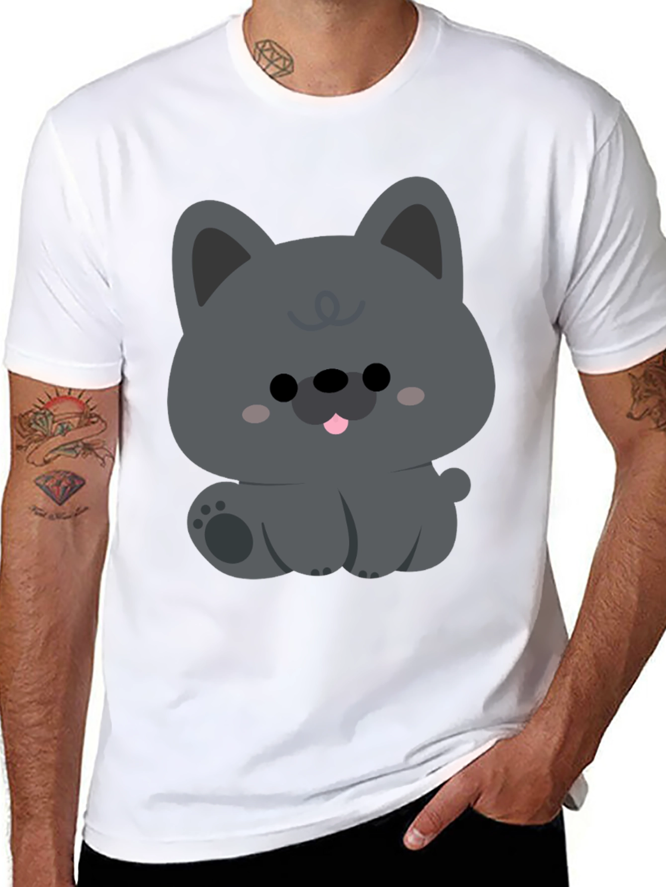 Cute Cartoon Dog Graphic Black T-Shirt