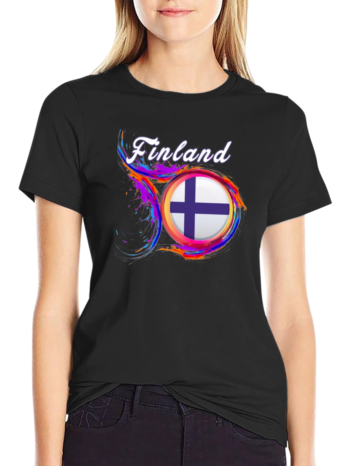 Finland Flag Graphic Black T-Shirt