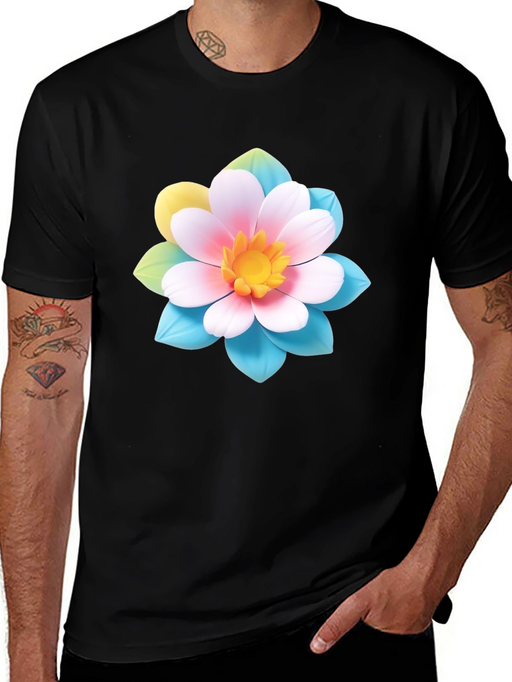 Floral Graphic Tee - Black Cotton Blend T-Shirt