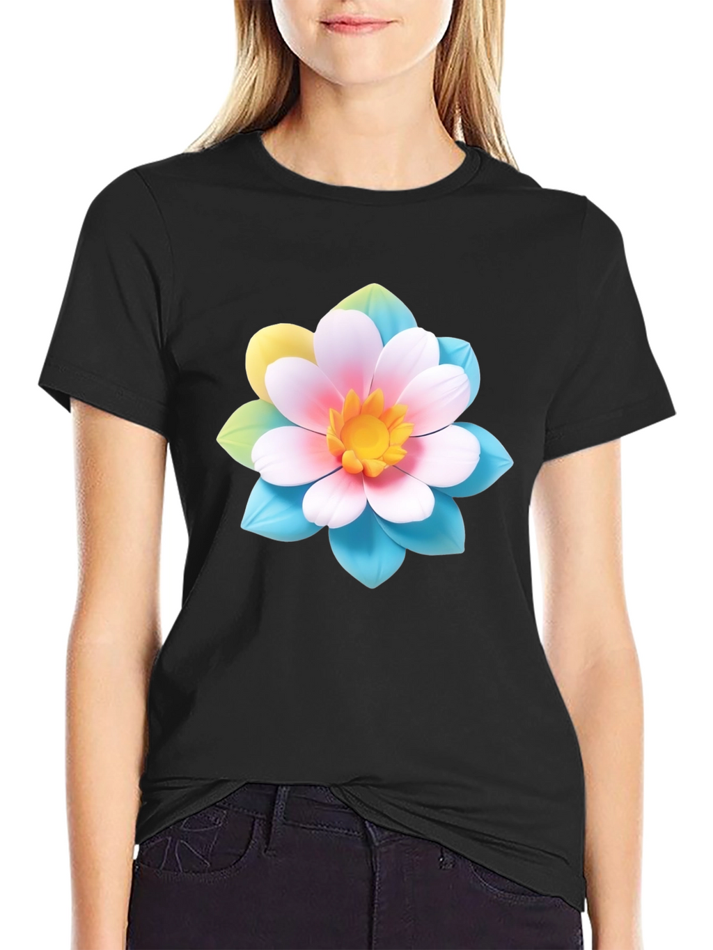 Floral Graphic Tee - Black Cotton Blend T-Shirt