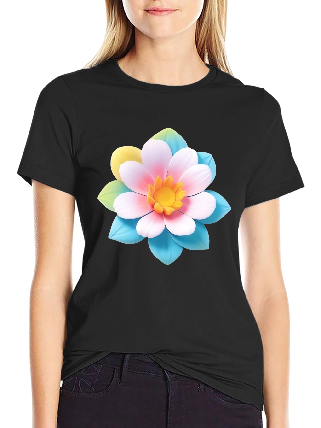 Floral Graphic Tee - Black Cotton Blend T-Shirt