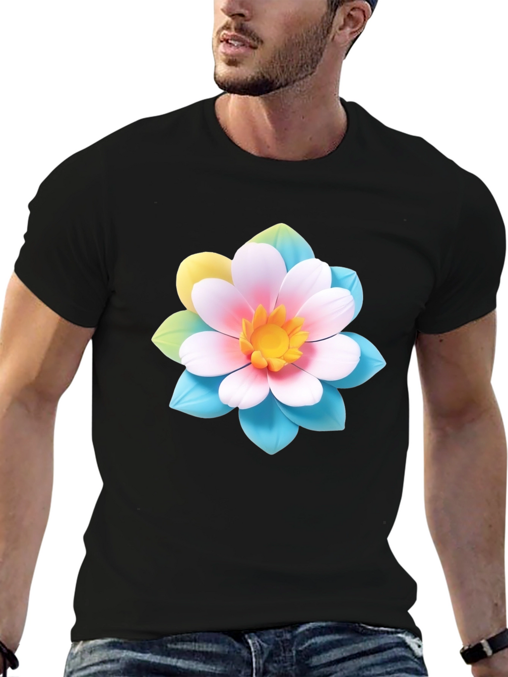 Floral Graphic Tee - Black Cotton Blend T-Shirt
