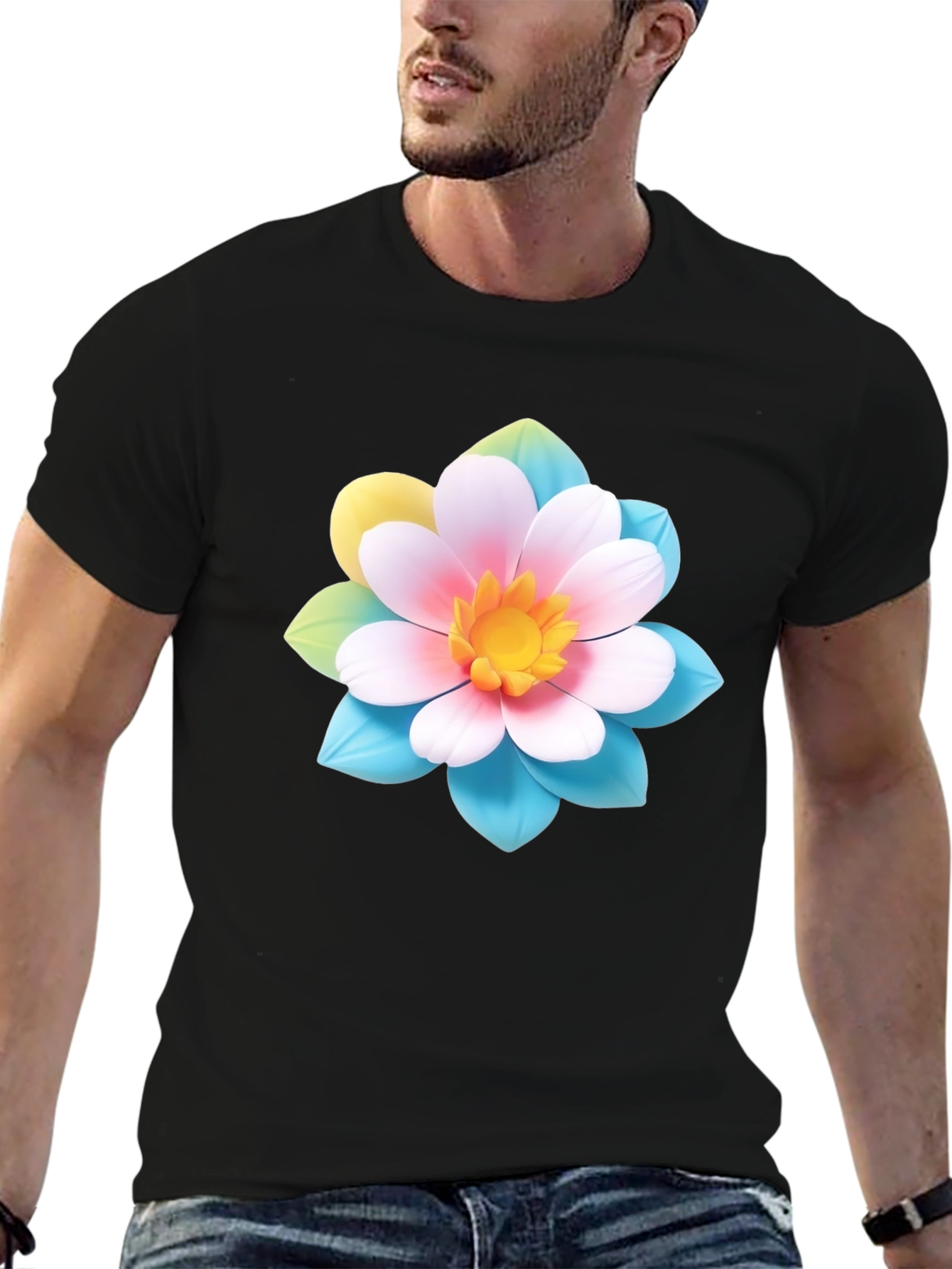 Floral Graphic Tee - Black Cotton Blend T-Shirt
