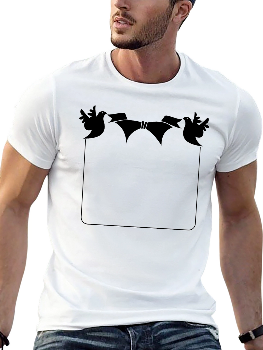 Novelty Bird & Ribbon Graphic Pocket T-Shirt