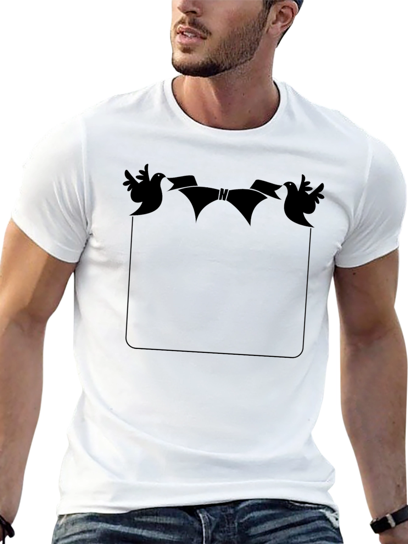 Novelty Bird & Ribbon Graphic Pocket T-Shirt