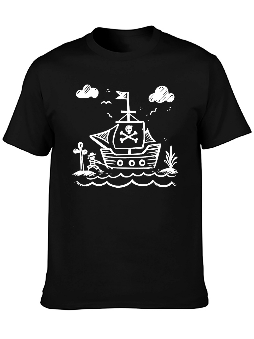 Pirate Ship Graphic Tee - Black Cotton T-Shirt