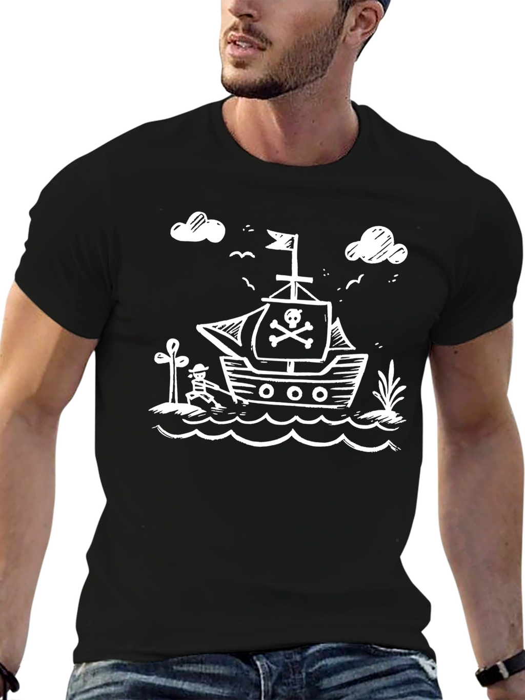 Pirate Ship Graphic Tee - Black Cotton T-Shirt