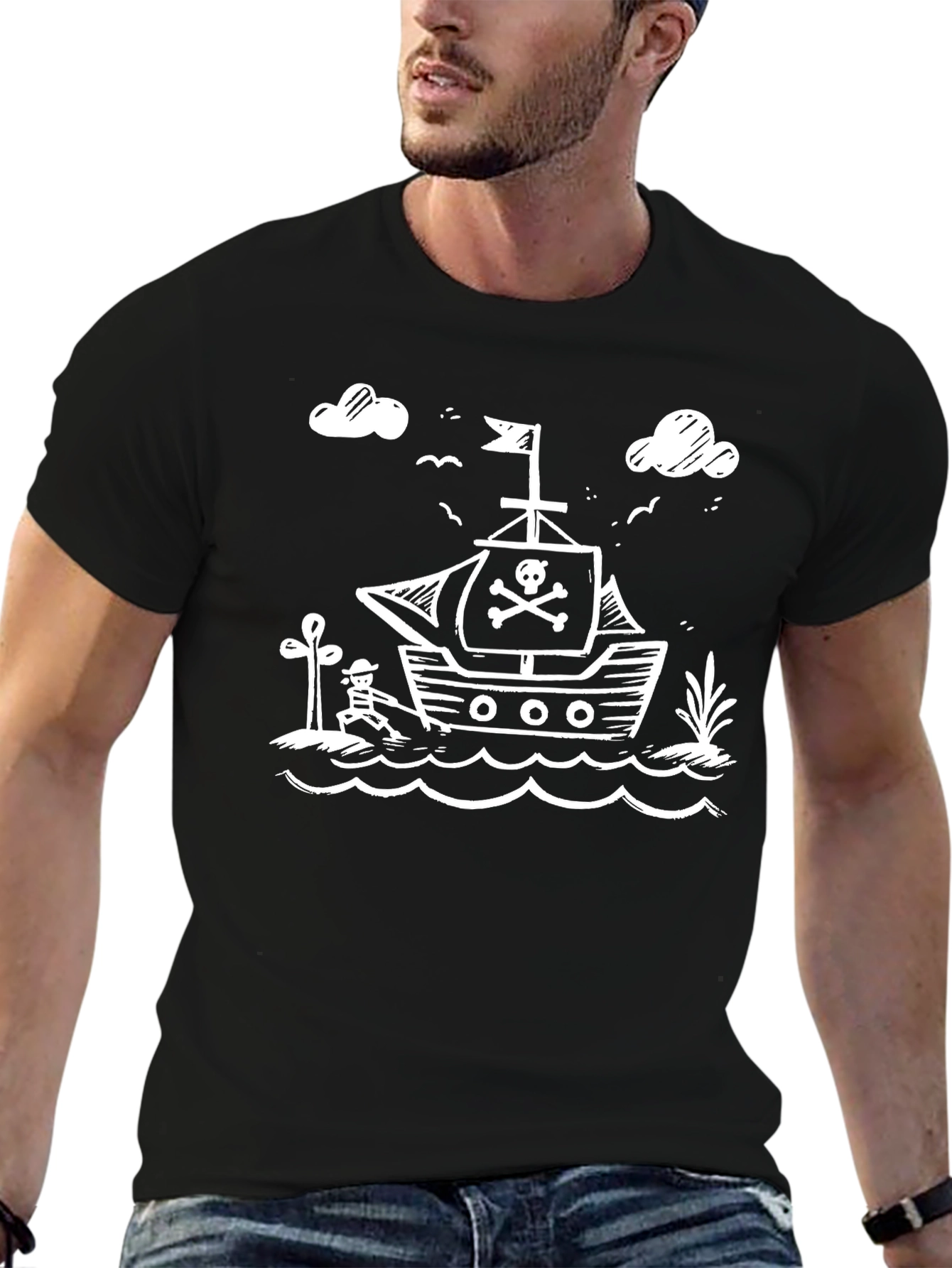 Pirate Ship Graphic Tee - Black Cotton T-Shirt