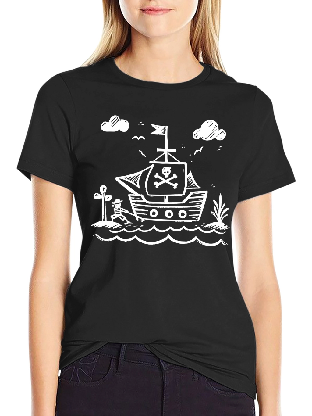 Pirate Ship Graphic Tee - Black Cotton T-Shirt