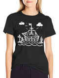 Pirate Ship Graphic Tee - Black Cotton T-Shirt