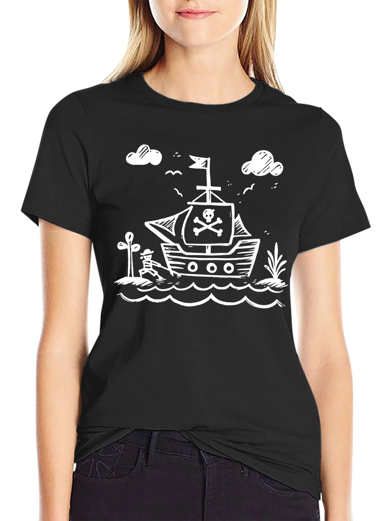 Pirate Ship Graphic Tee - Black Cotton T-Shirt