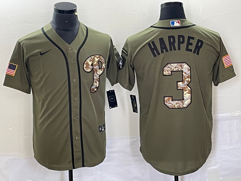 Men's Philadelphia Phillies Bryce Harper #3 Army Green Replica Player Jerseys