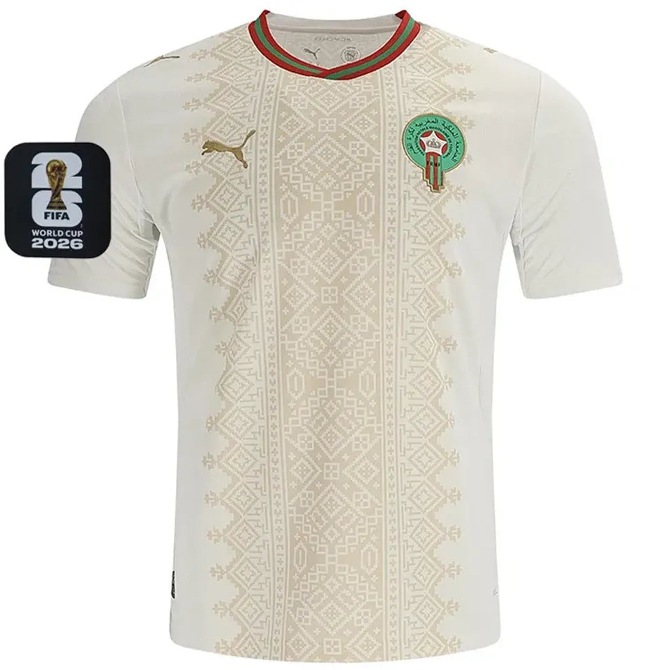 2026/27 Morocco Away White Fans Soccer Jersey (Have Right Patch 有右臂章 黑底白字） Front
