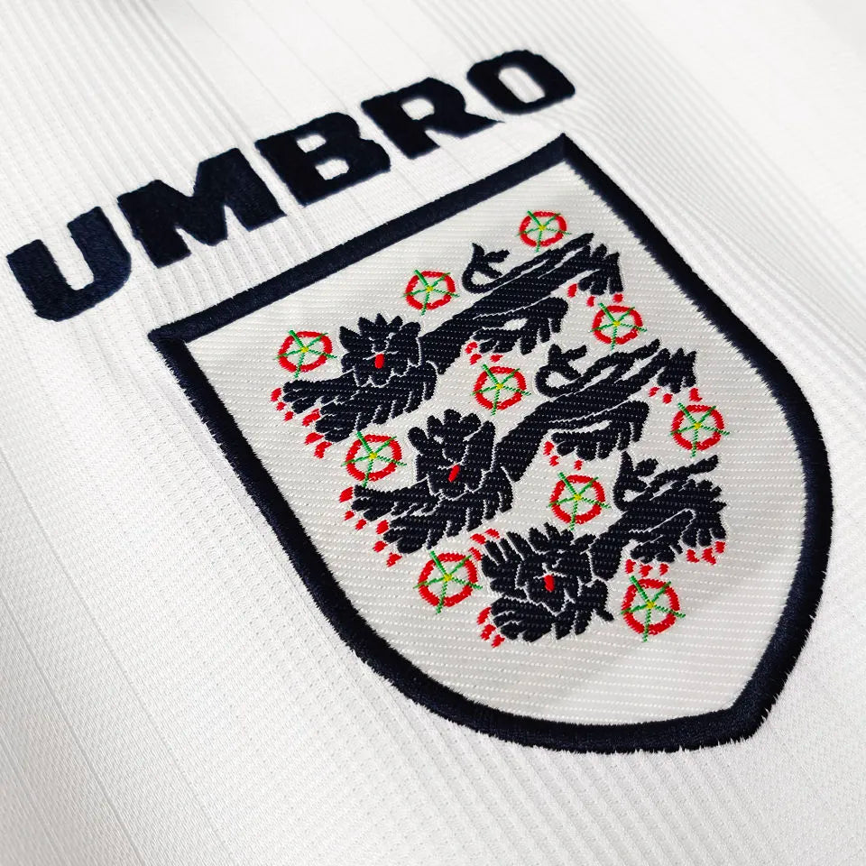 1996 England Home White Retro Long Sleeve Soccer Jersey Detail 1