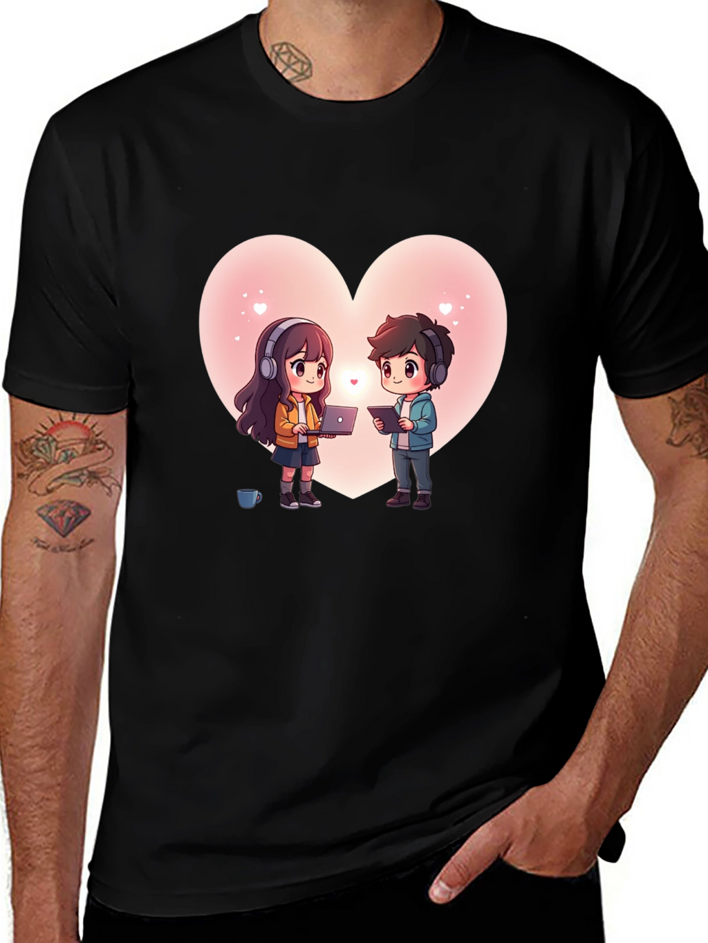Cartoon Couple Heart Graphic Tee - Black