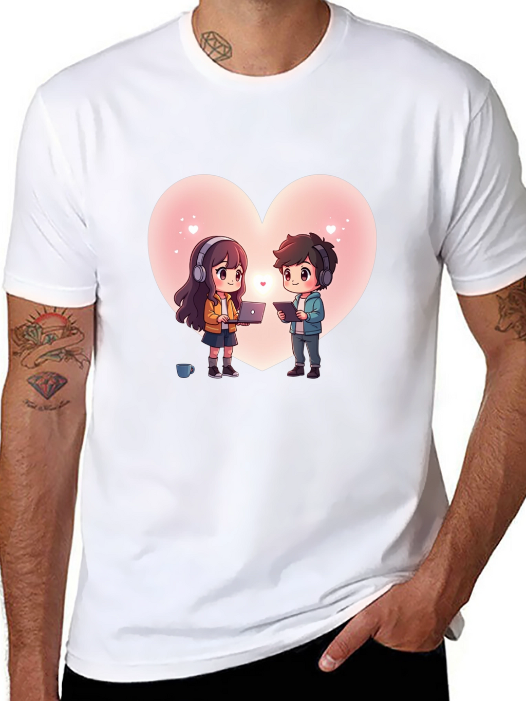 Cartoon Couple Heart Graphic Tee - Black