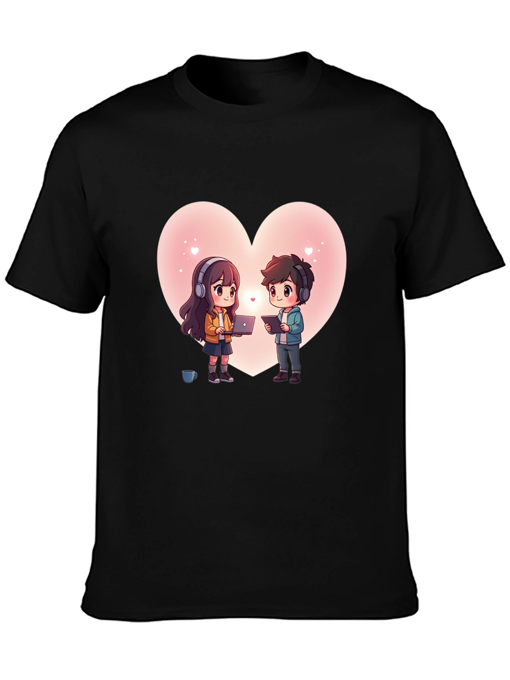 Cartoon Couple Heart Graphic Tee - Black