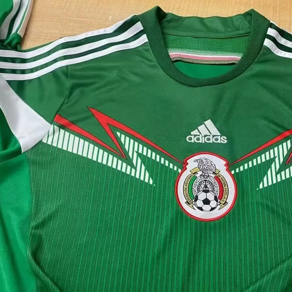 2014 Mexico Home Green Retro Long Sleeve Soccer Jersey Detail 1