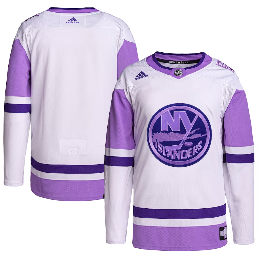 Men's New York Islanders White/Purple Hockey Fights Cancer Primegreen Authentic Blank Practice Jerseys