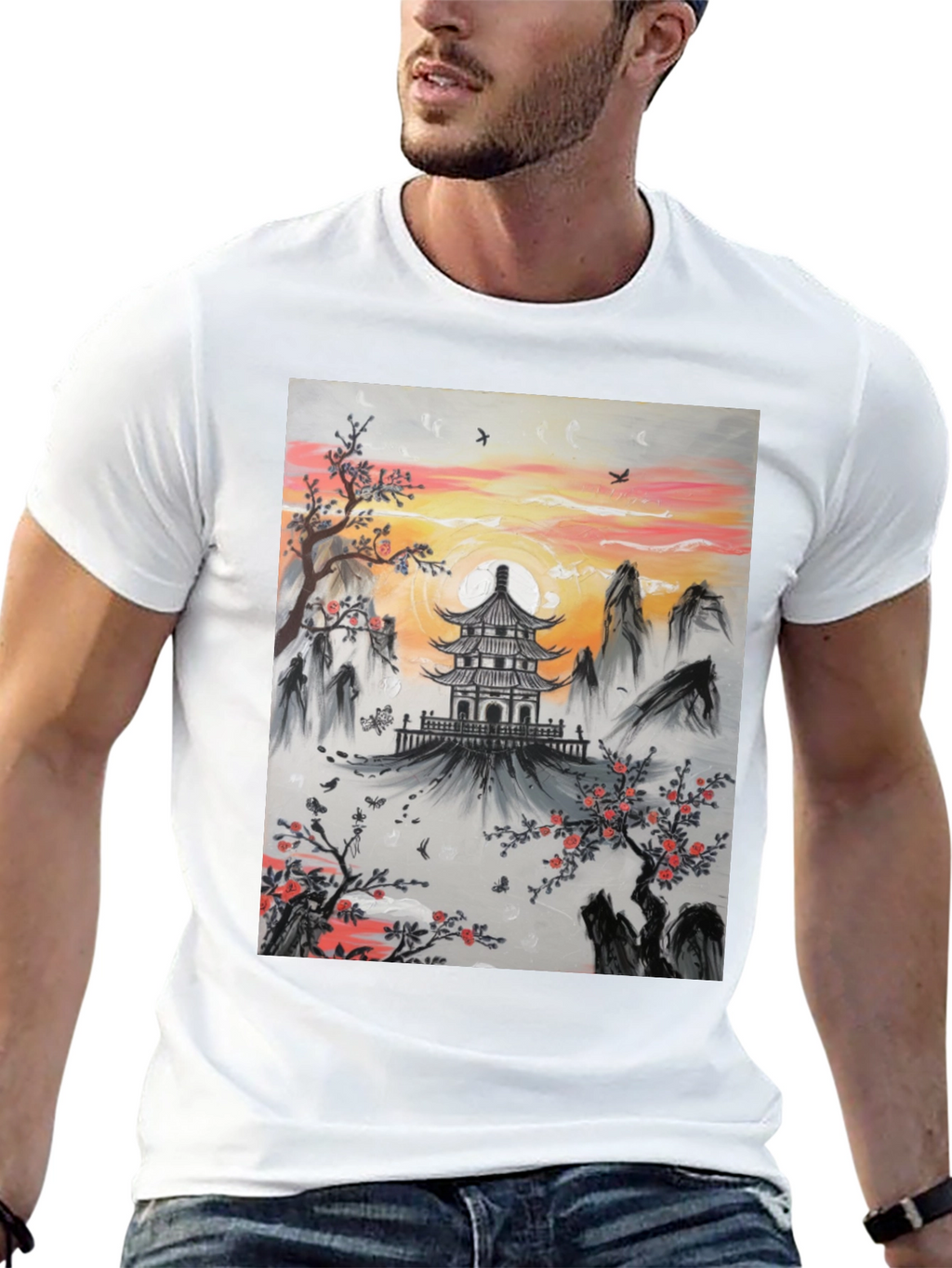 Asian Temple Graphic T-Shirt - Sunset Design