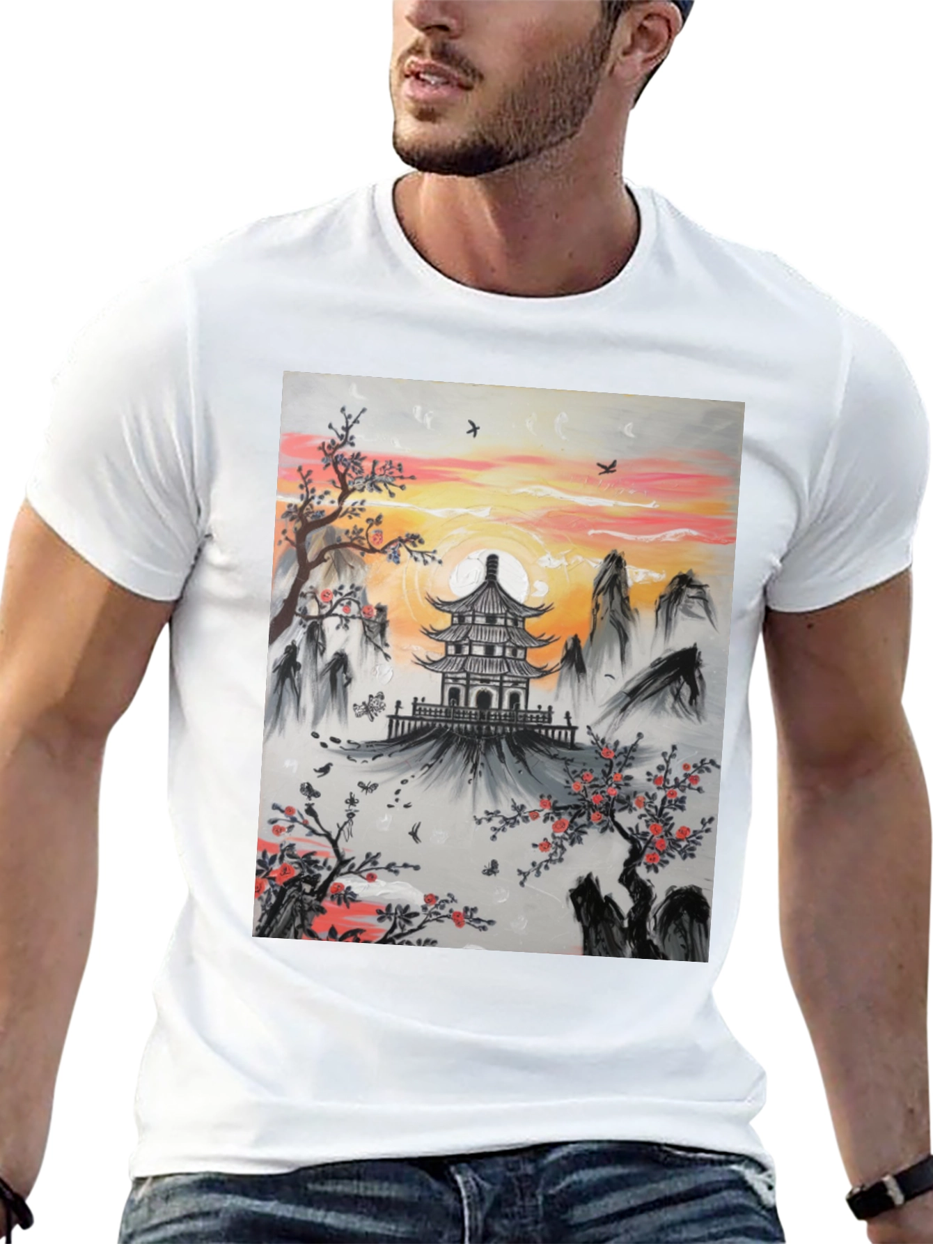 Asian Temple Graphic T-Shirt - Sunset Design