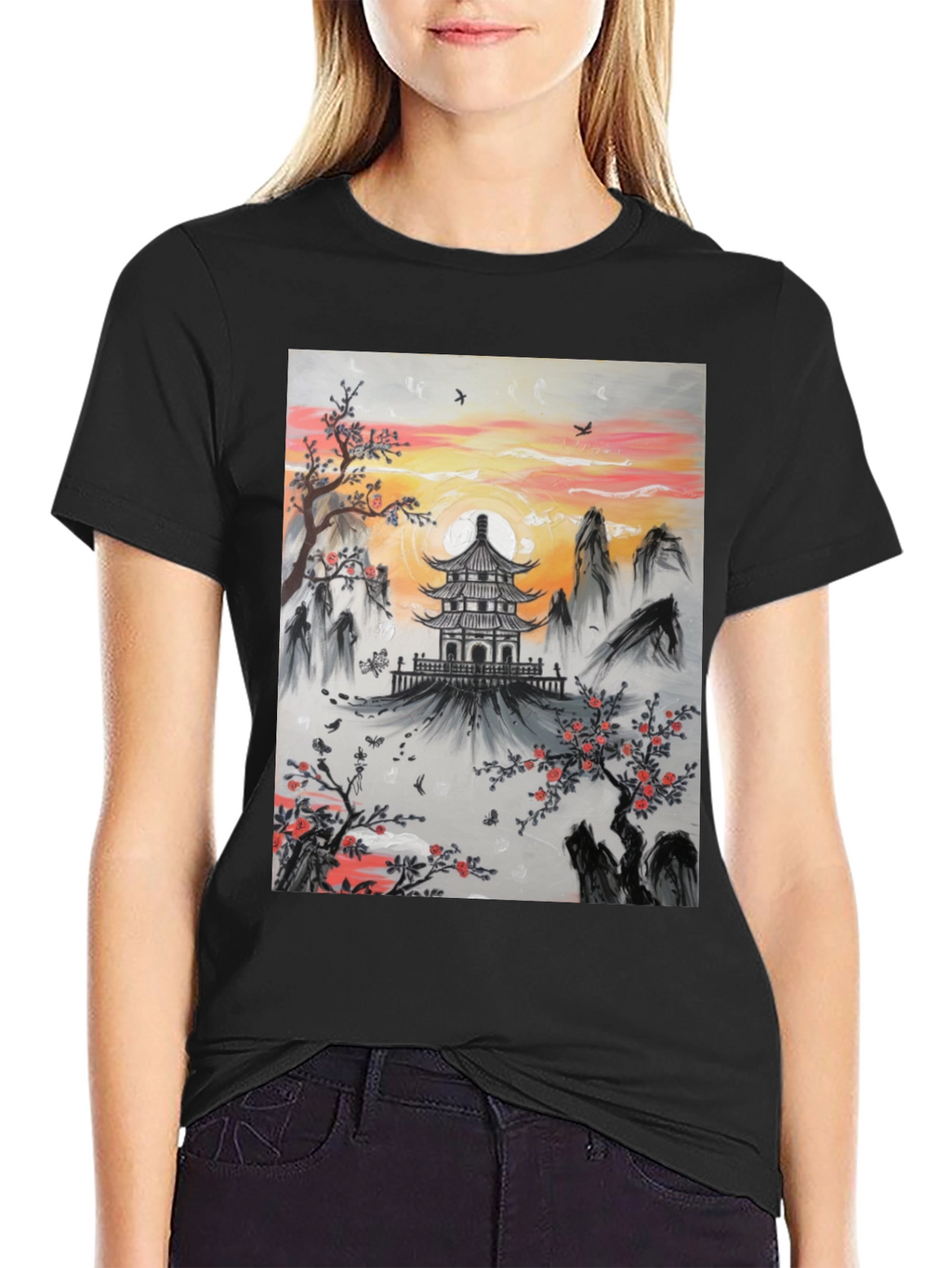 Asian Temple Graphic T-Shirt - Sunset Design