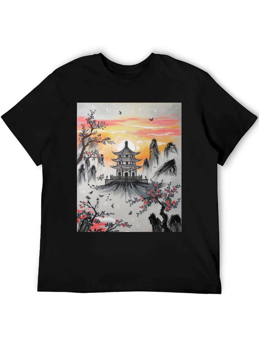 Asian Temple Graphic T-Shirt - Sunset Design