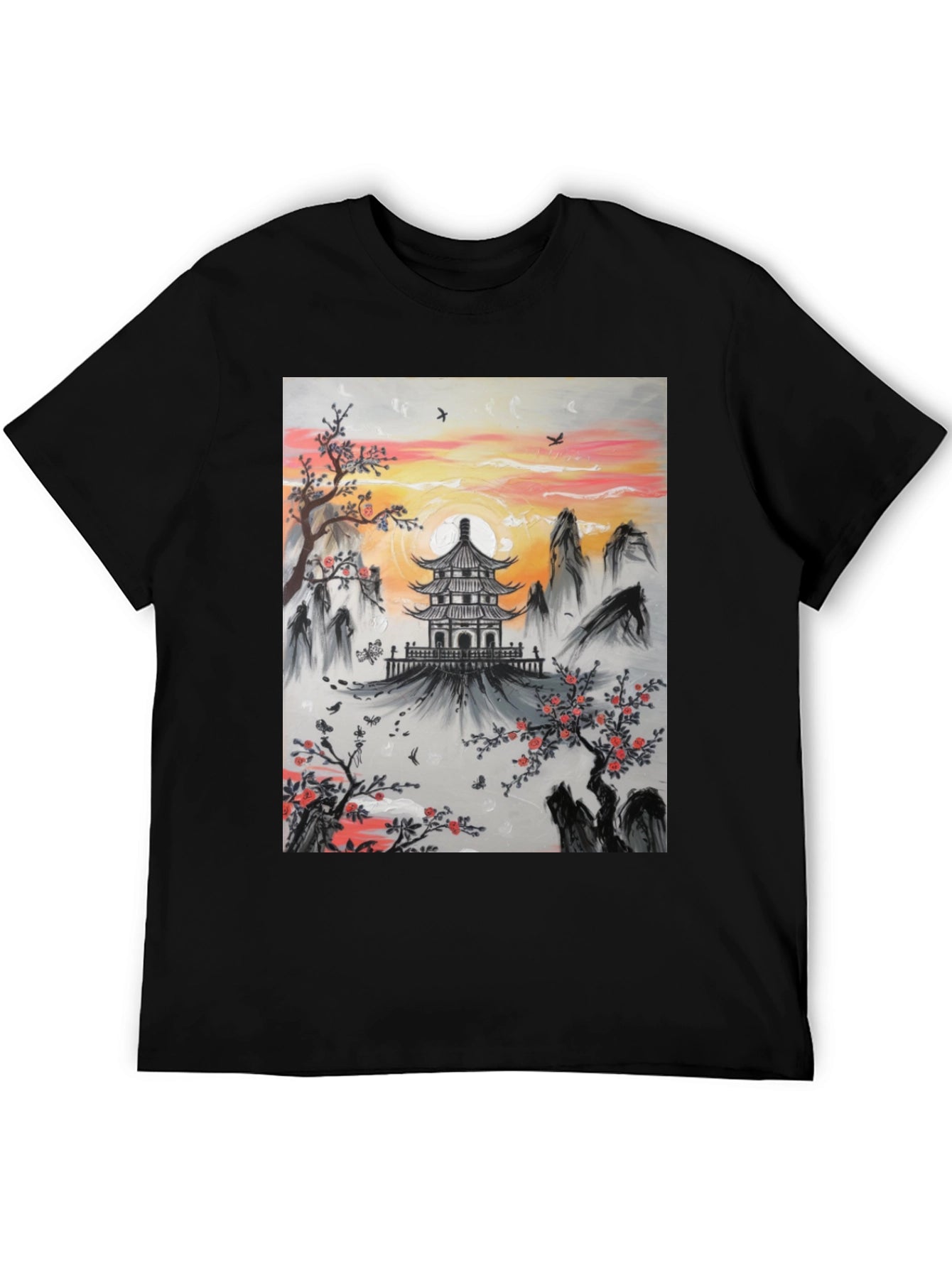 Asian Temple Graphic T-Shirt - Sunset Design
