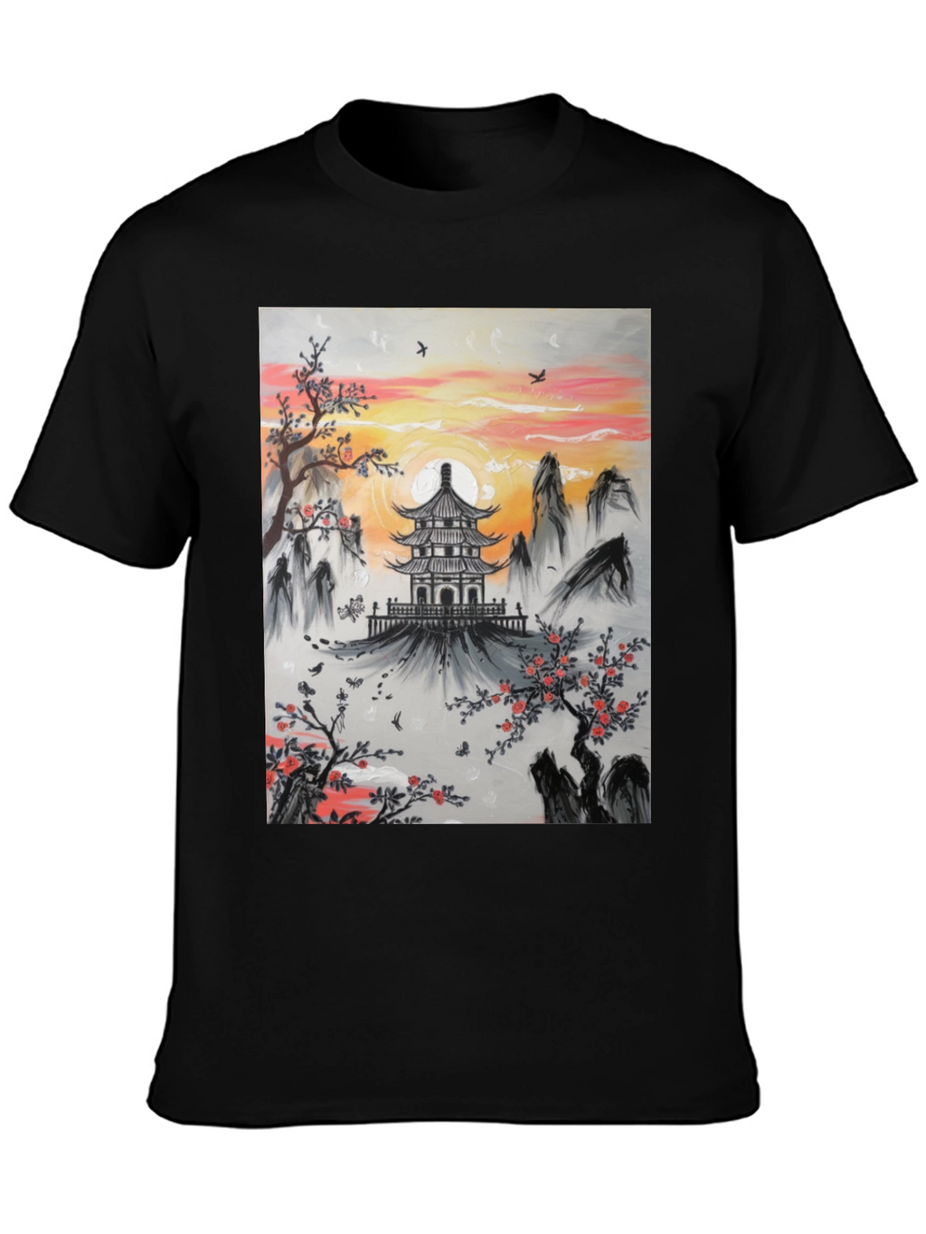 Asian Temple Graphic T-Shirt - Sunset Design