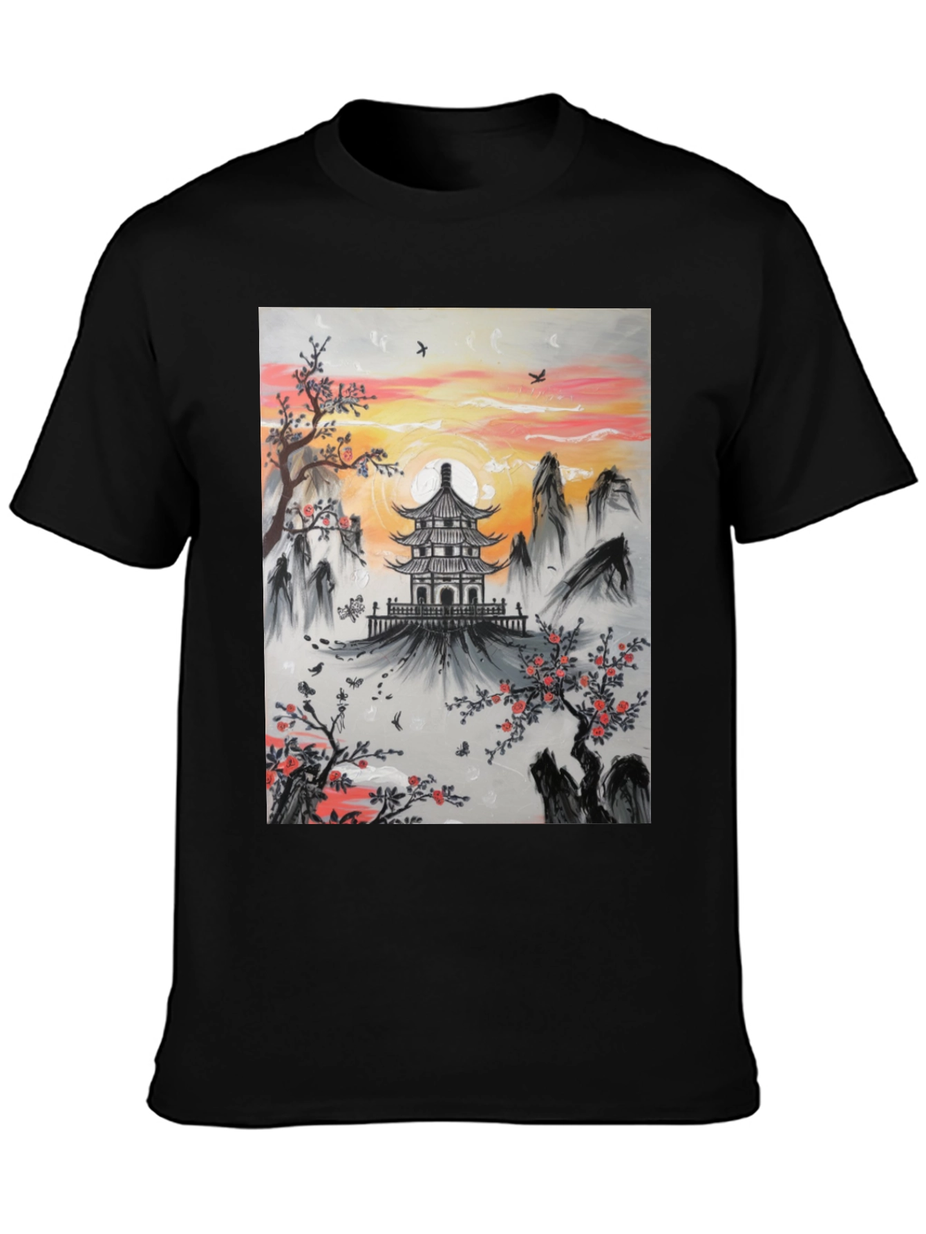 Asian Temple Graphic T-Shirt - Sunset Design
