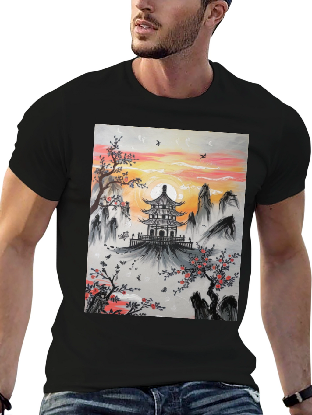 Asian Temple Graphic T-Shirt - Sunset Design