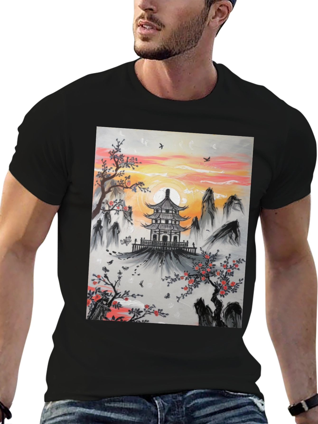 Asian Temple Graphic T-Shirt - Sunset Design