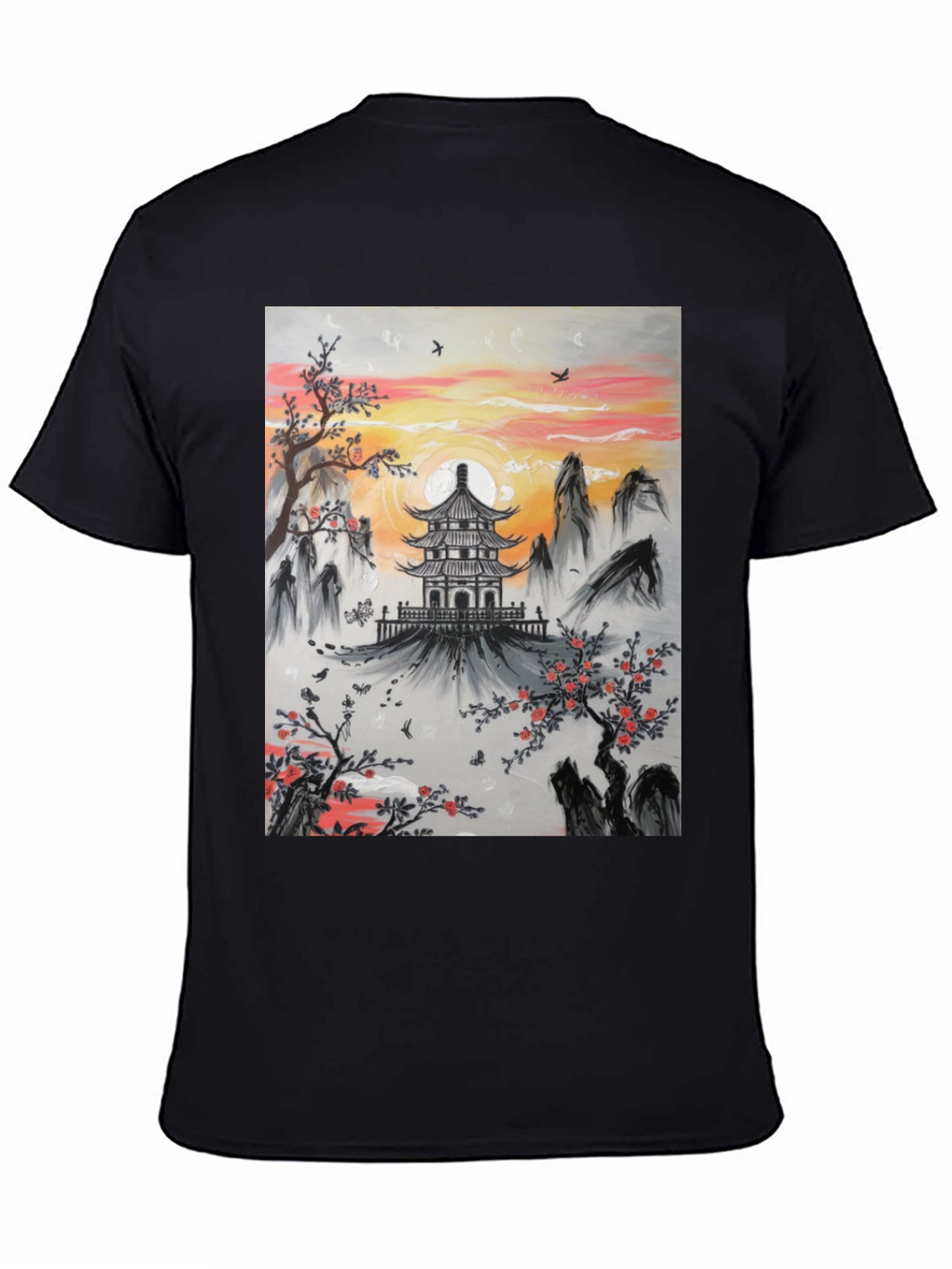 Asian Temple Graphic T-Shirt - Sunset Design