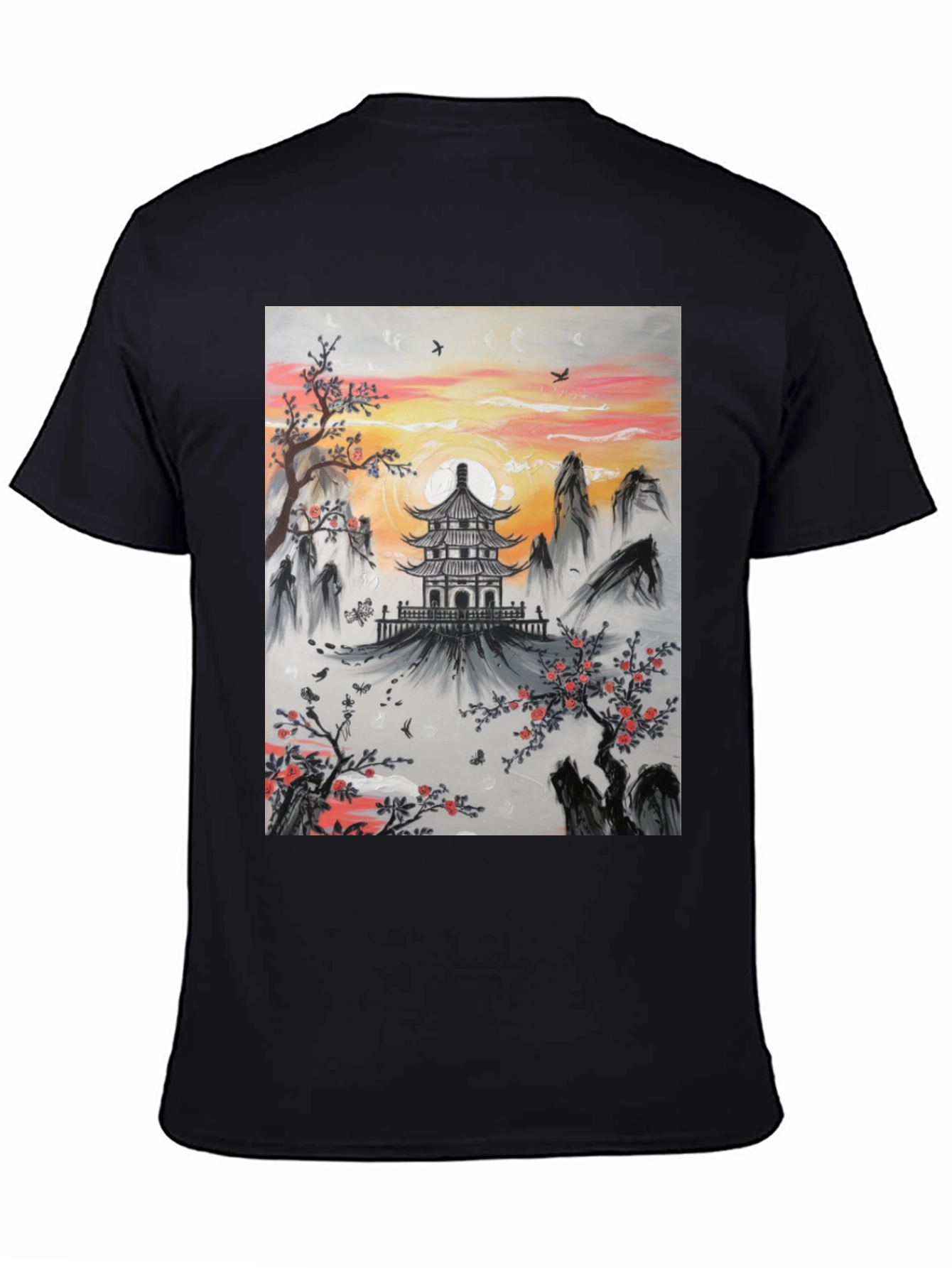 Asian Temple Graphic T-Shirt - Sunset Design