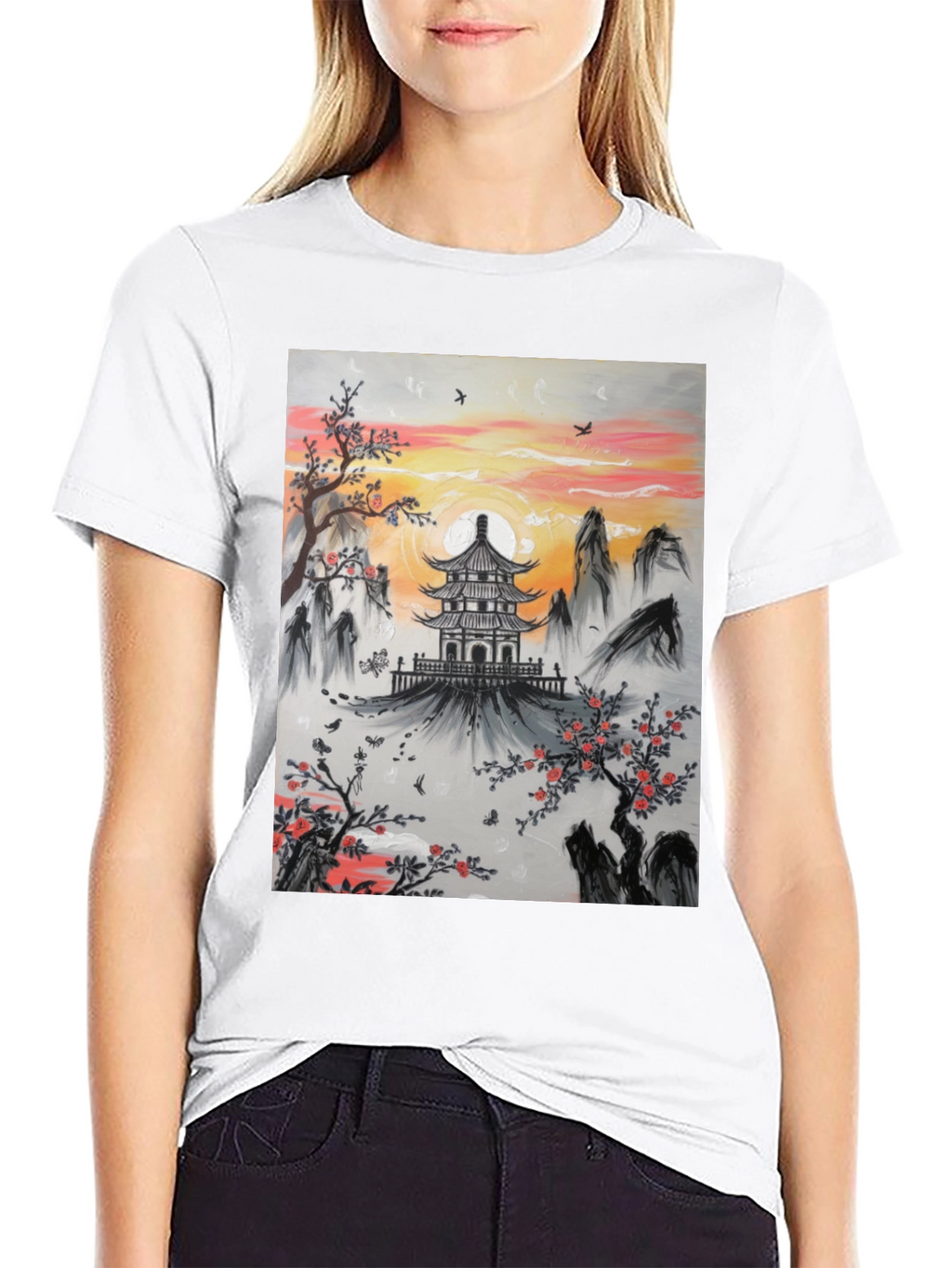 Asian Temple Graphic T-Shirt - Sunset Design