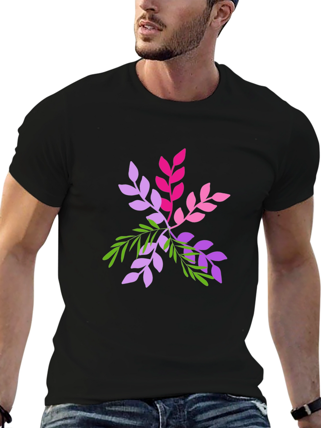 Leaf Design Black T-Shirt - Casual Wear